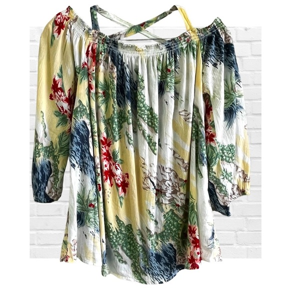 Chaps Denim Floral Off-Shoulder Women's Top Tropical Beach Coastal Size M Gauze - Picture 1 of 7